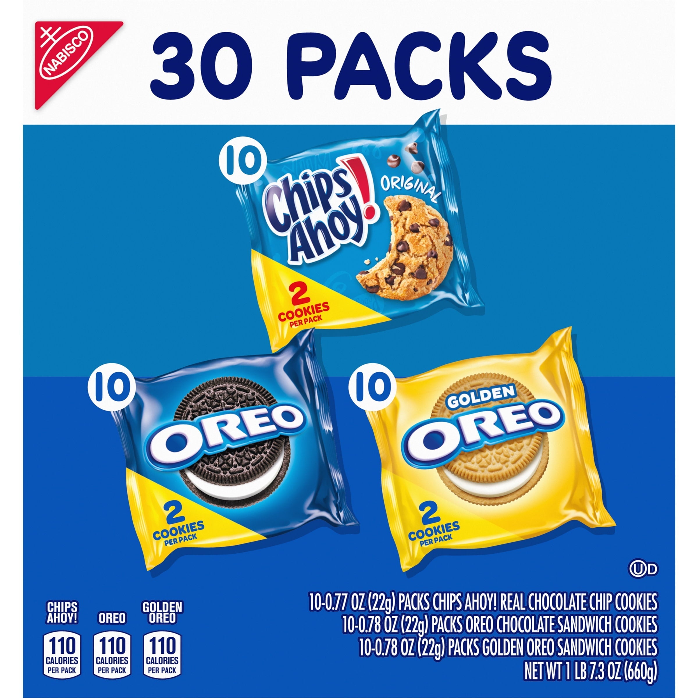 Nabisco Sweet Treats Cookie Variety Pack OREO, OREO Golden & CHIPS AHOY!, School Snacks, 30 Snack Packs (2 Cookies Per Pack)