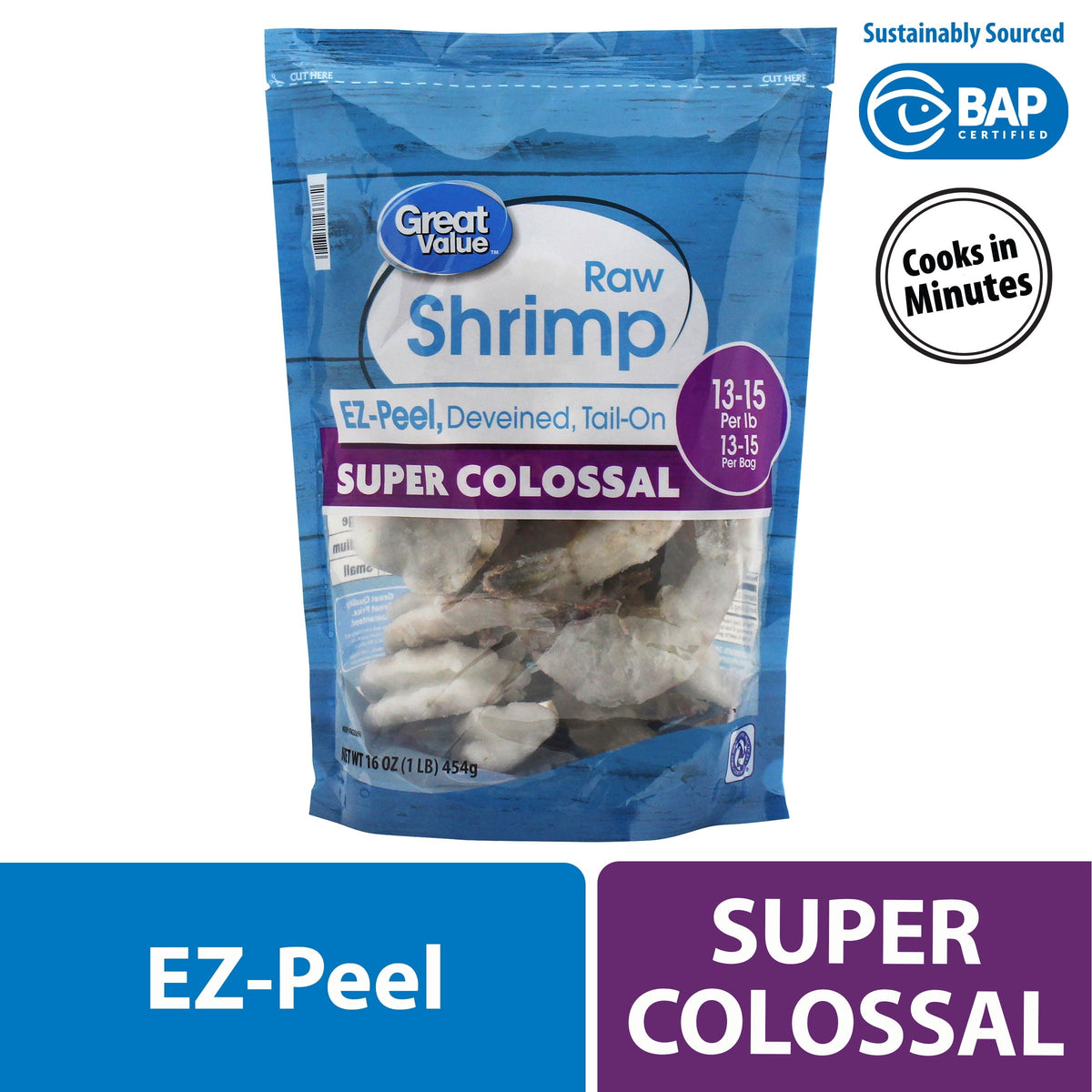 Great Value Frozen Raw Super Colossal Shell-on Tail-on Easy Peel Shrimp, 16 oz (13-15 Count per lb)